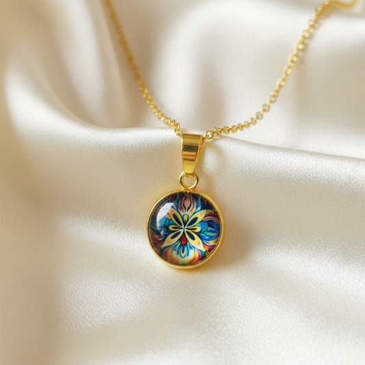 Close-up of glass dome cabochon vibrant pansy flower pendant on satin