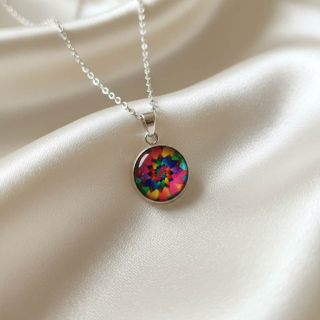 Close-up of glass dome cabochon rainbow kaleidoscope mandala pendant on satin