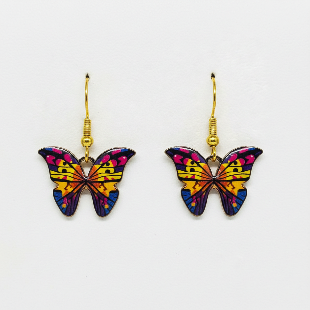 Vibrant Rainbow Butterfly Earrings - colorful enamel butterfly dangle earrings with gold hooks