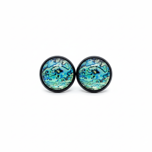 Turquoise ocean abstract stud earrings on white background