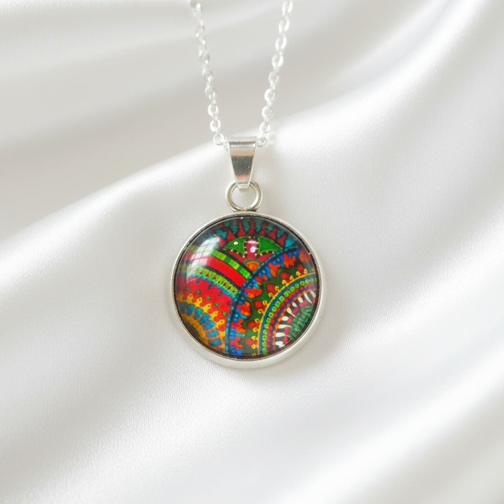 Rainbow paisley petite pendant necklace hero shot on white satin