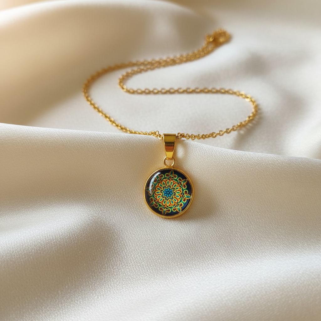 Close-up of glass dome cabochon psychedelic mandala pendant on satin