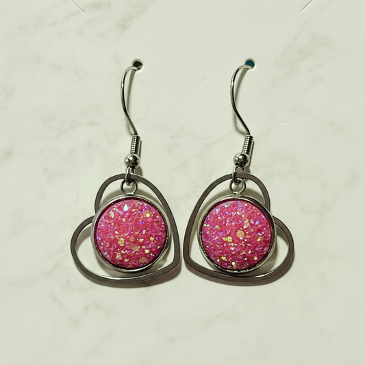 Rose Shimmer Abstract Triangle Earrings with pink glitter cabochons and rainbow sparkle