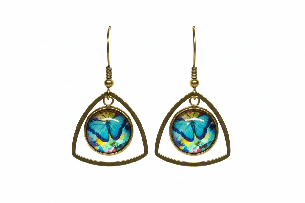 Blue Butterfly Teardrop Dangle Earrings – Handmade Bronze Frame Colorful Floral Nature Jewelry Gift for Her