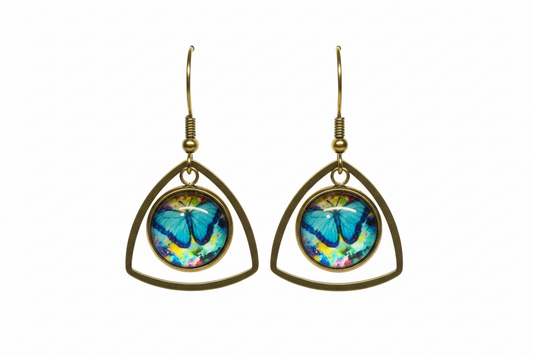 Blue Butterfly Teardrop Dangle Earrings – Handmade Bronze Frame Colorful Floral Nature Jewelry Gift for Her