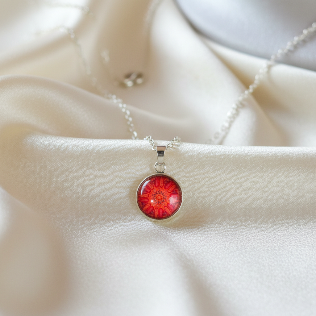 Close-up of glass dome cabochon red coral mandala pendant on satin with chain