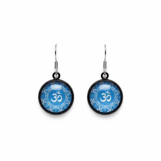 Blue Om Mandala Circle Earrings - handcrafted spiritual earrings with Om symbol and mandala design