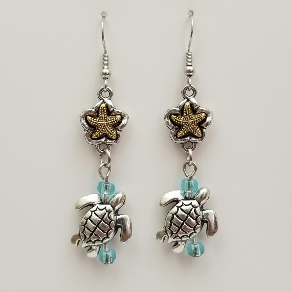 Starfish and Sea Turtle Dangle Earrings - silver starfish and turtle charms with turquoise bead accents