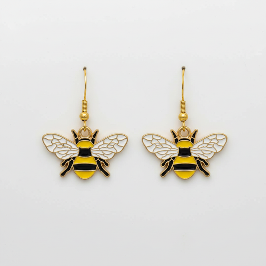 Golden Bumblebee Earrings - whimsical yellow and black bee dangle earrings with gold wings