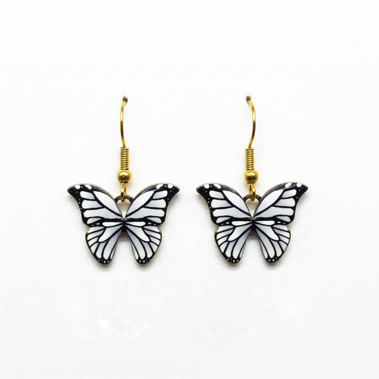 Classic Black and White Butterfly Earrings - elegant enamel butterfly dangle earrings with gold hooks