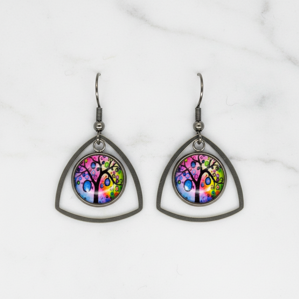 Colorful Tree of Life Triangle Dangle Earrings – Handmade Gunmetal Whimsical Symbolic Jewelry Gift for Her