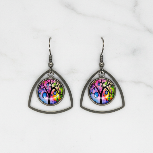 Colorful Tree of Life Triangle Dangle Earrings – Handmade Gunmetal Whimsical Symbolic Jewelry Gift for Her