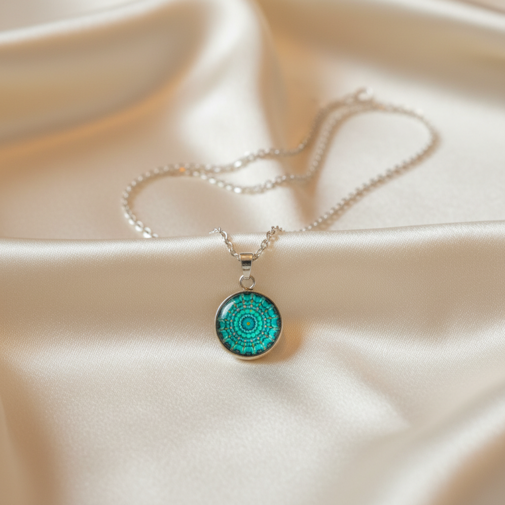 Close-up of glass dome cabochon turquoise mandala pendant on satin with chain