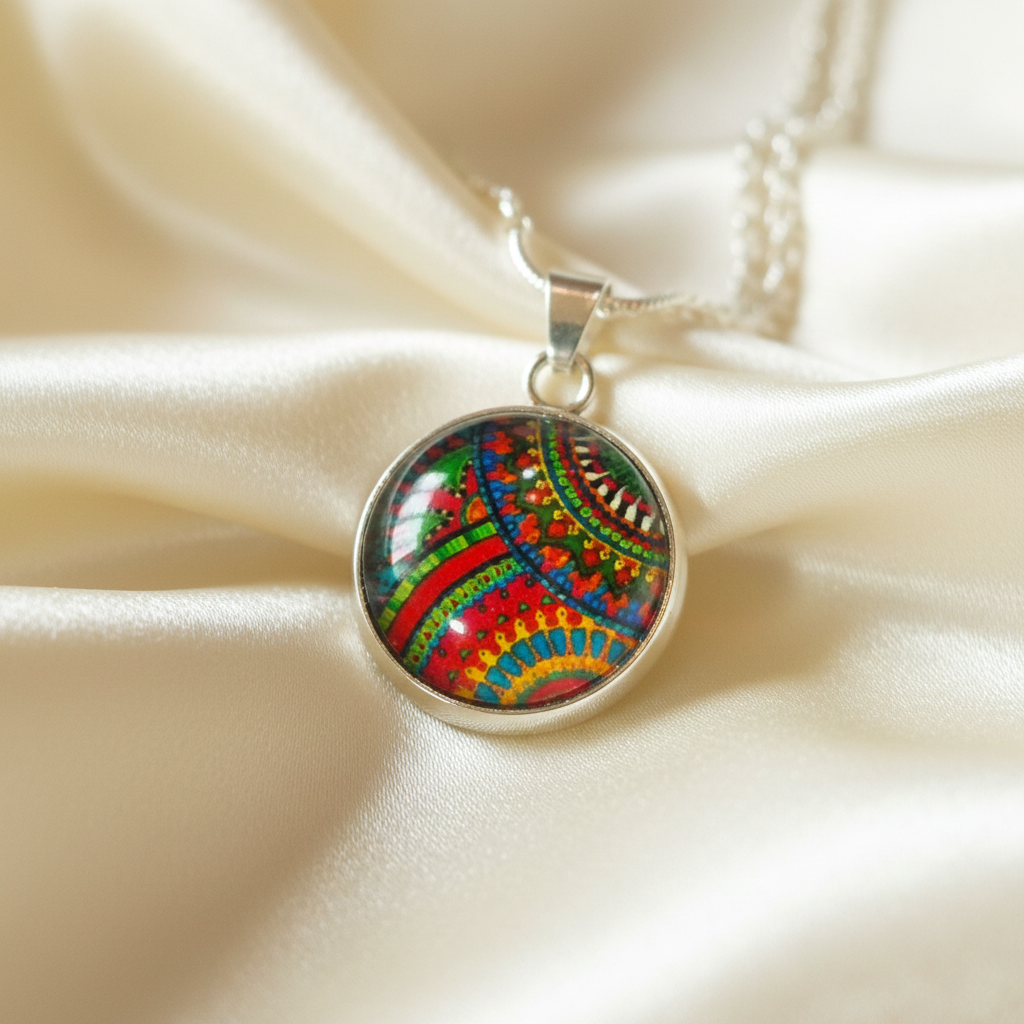 Close-up of glass dome cabochon rainbow paisley pendant on satin