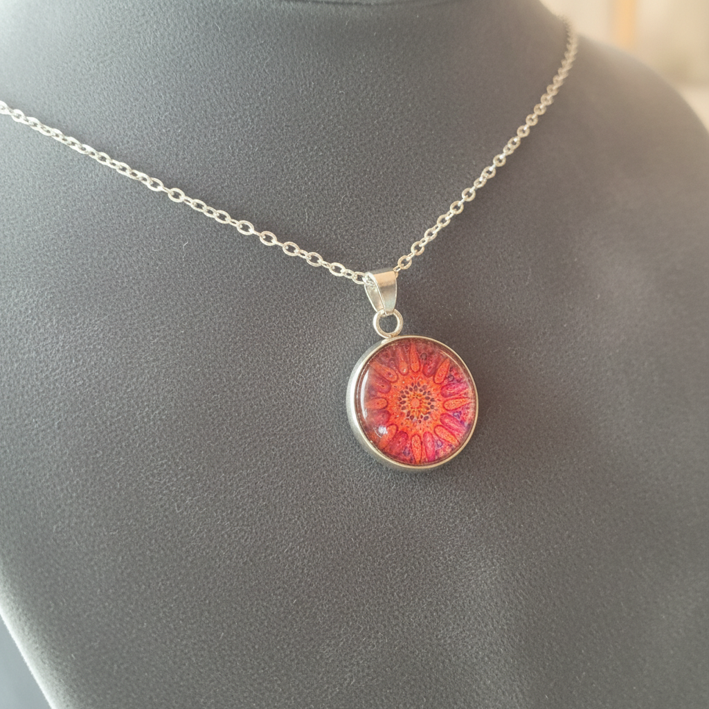Angled view of petite red coral mandala pendant on velvet background