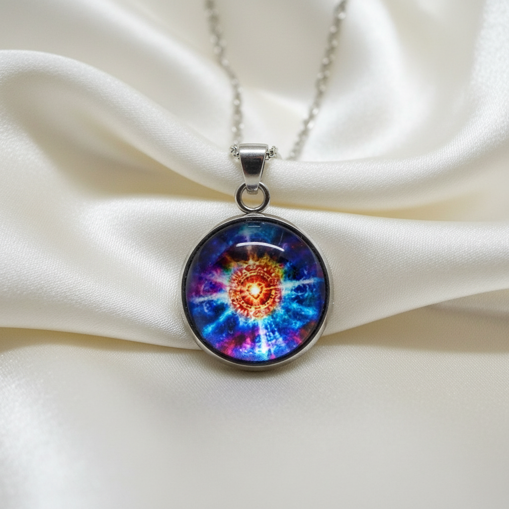 Close-up of glass dome cabochon cosmic nebula pendant on satin