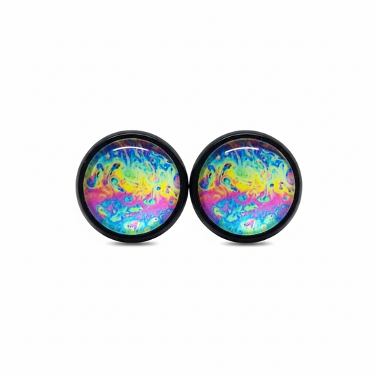 Rainbow swirl abstract stud earrings on white background