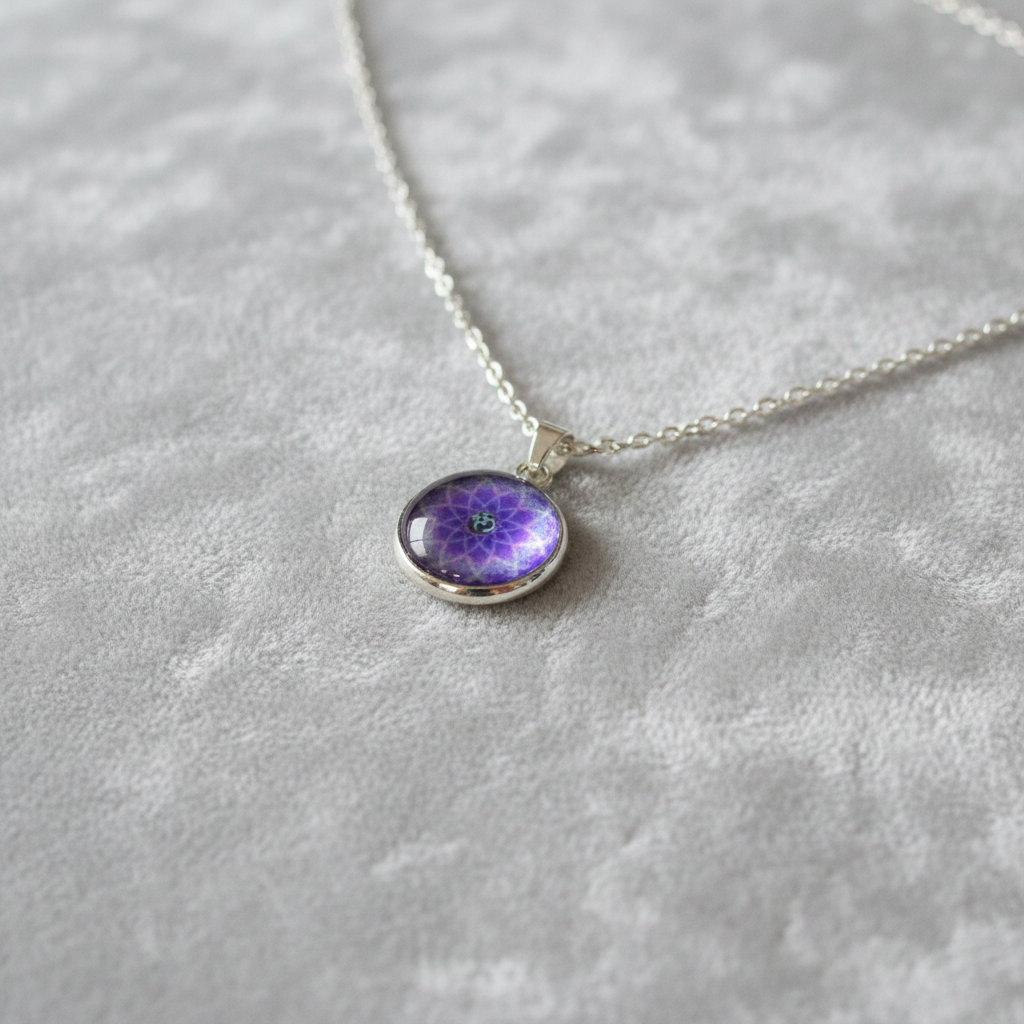 Angled view of petite purple Om mandala pendant on velvet background