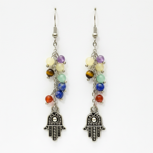 Seven Chakra Gemstone and Hamsa Dangle Earrings - rainbow chakra stones with silver hamsa hand charms