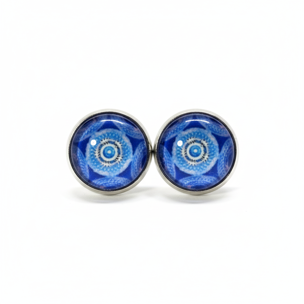 Blue mandala pattern stud earrings on white background