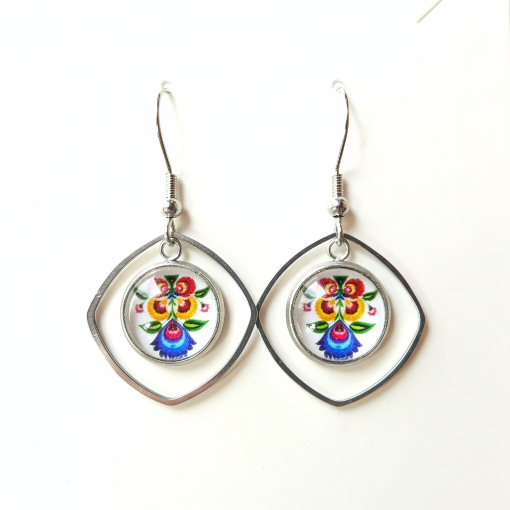 Floral medallion dangle earrings with colorful hand-painted design in silver diamond frames