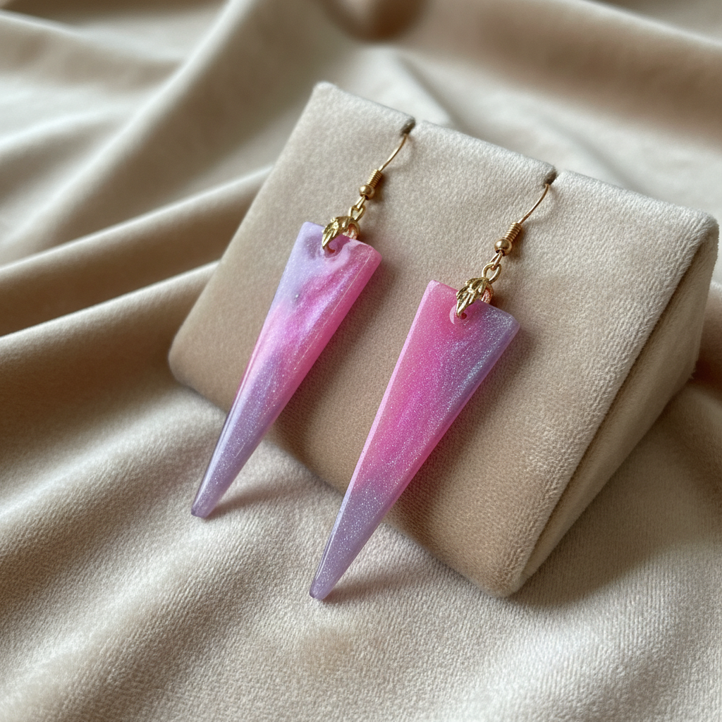 Lavender Blush Triangle Earrings - angled view on velvet