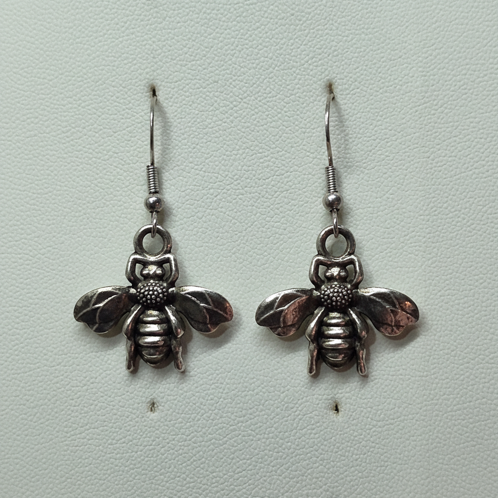Antique Silver Bee Earrings - vintage style detailed bee dangle earrings with oxidized silver finish
