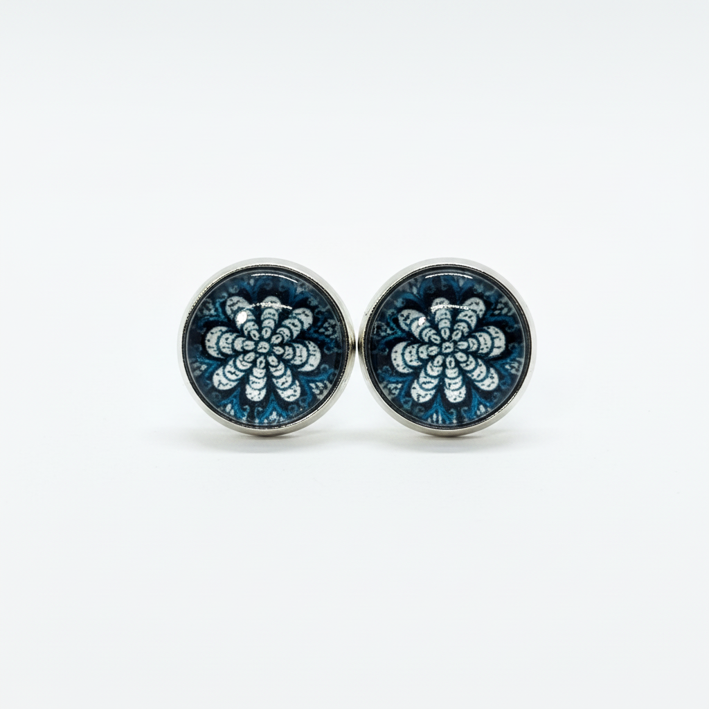 Teal mandala pattern stud earrings on white background