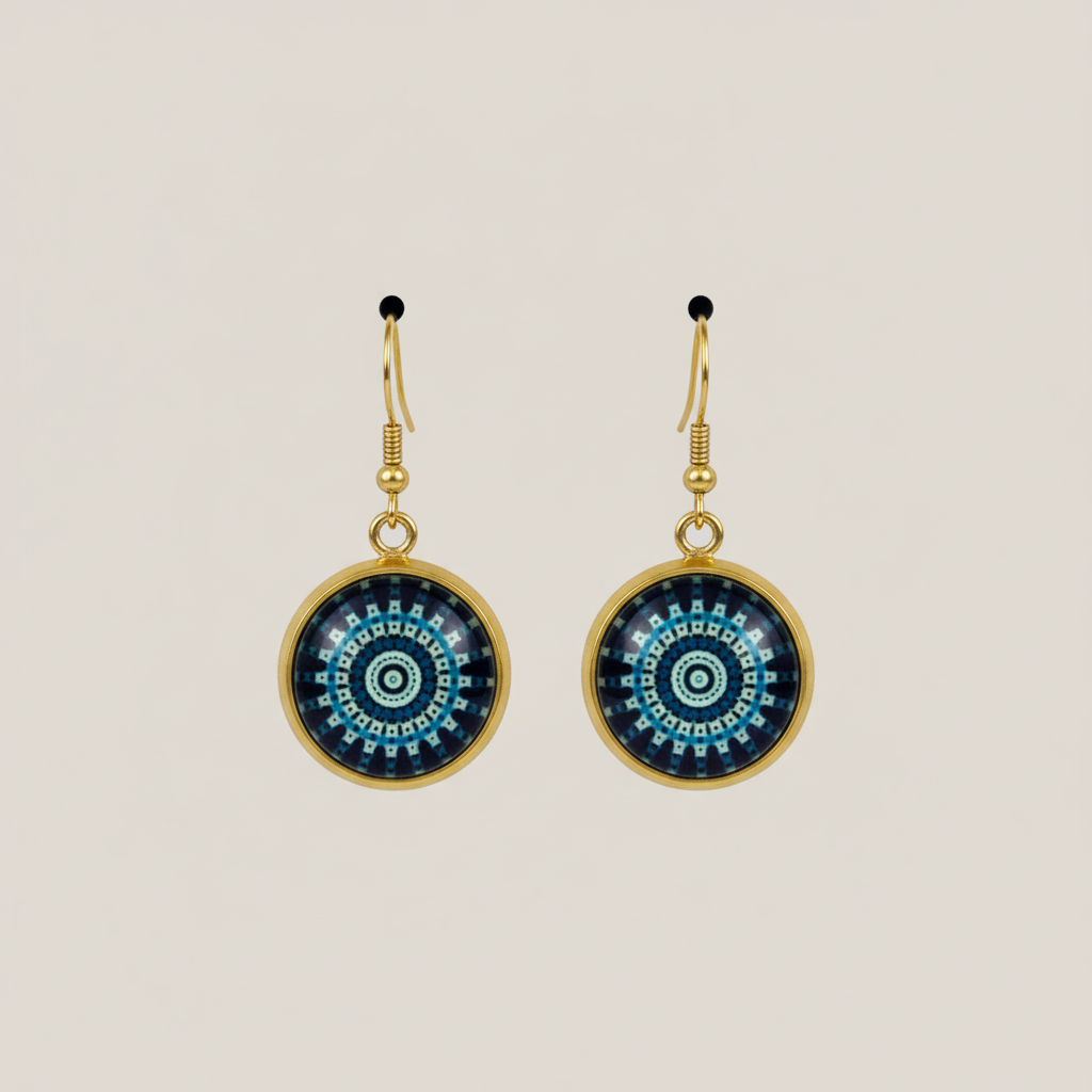 Turquoise Geometric Mandala Earrings - handcrafted gold earrings with intricate geometric design