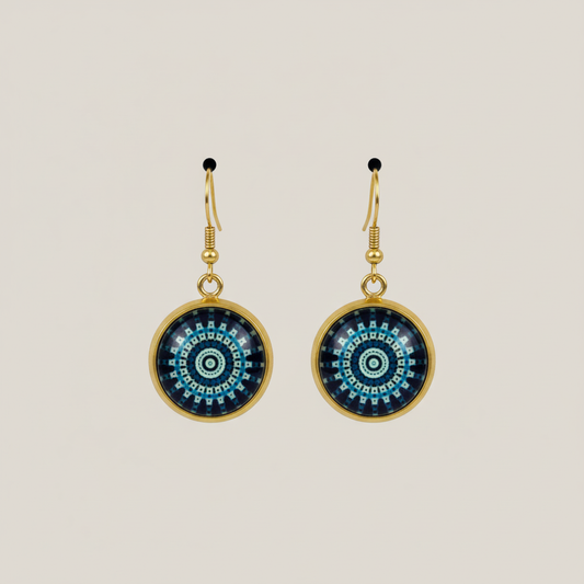 Turquoise Geometric Mandala Earrings - handcrafted gold earrings with intricate geometric design