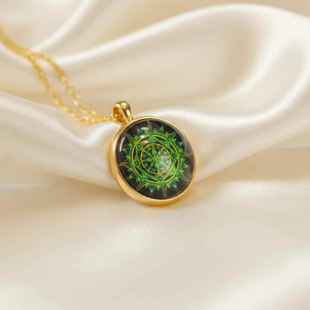 Close-up of glass dome cabochon green spiral mandala pendant on satin