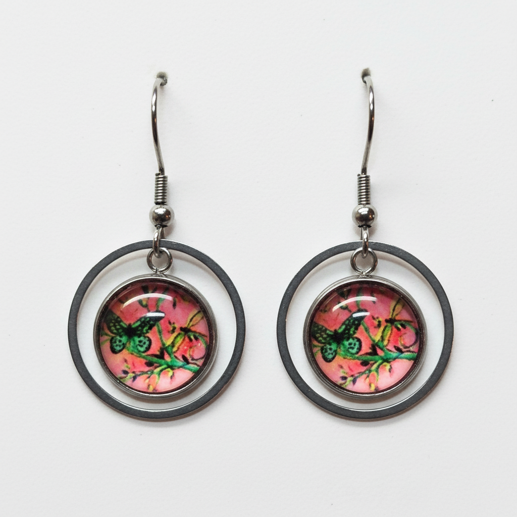 Butterfly & Dragonfly Garden Double Circle Dangle Earrings – Handmade Silver Nature Jewelry Gift for Her
