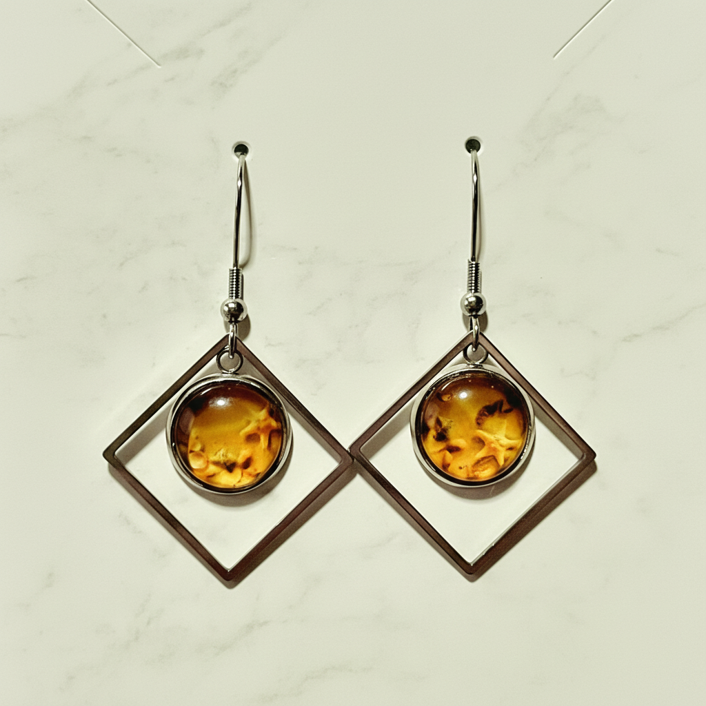 Dainty Drops amber geometric earrings with diamond-shaped silver frames