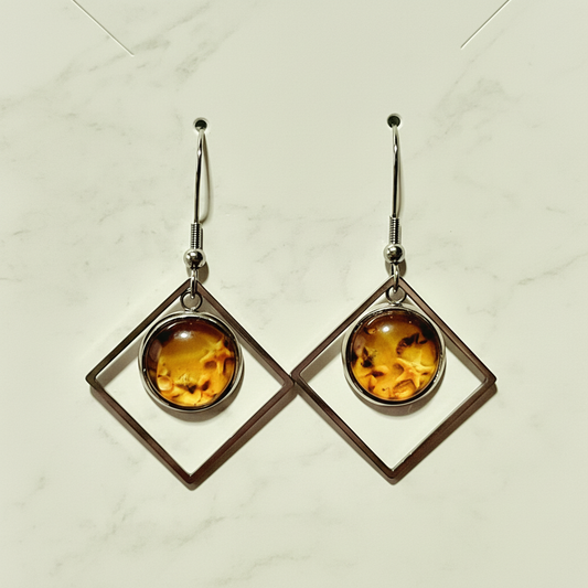 Dainty Drops amber geometric earrings with diamond-shaped silver frames