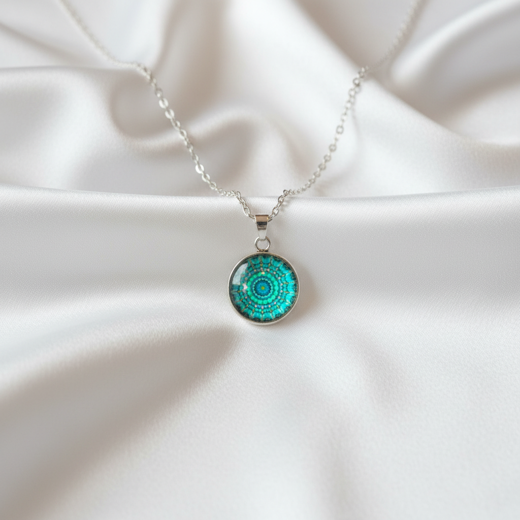 Turquoise mandala petite pendant necklace hero shot on white satin