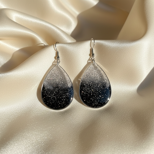 Midnight Ombre Glitter Earrings - front view on silk