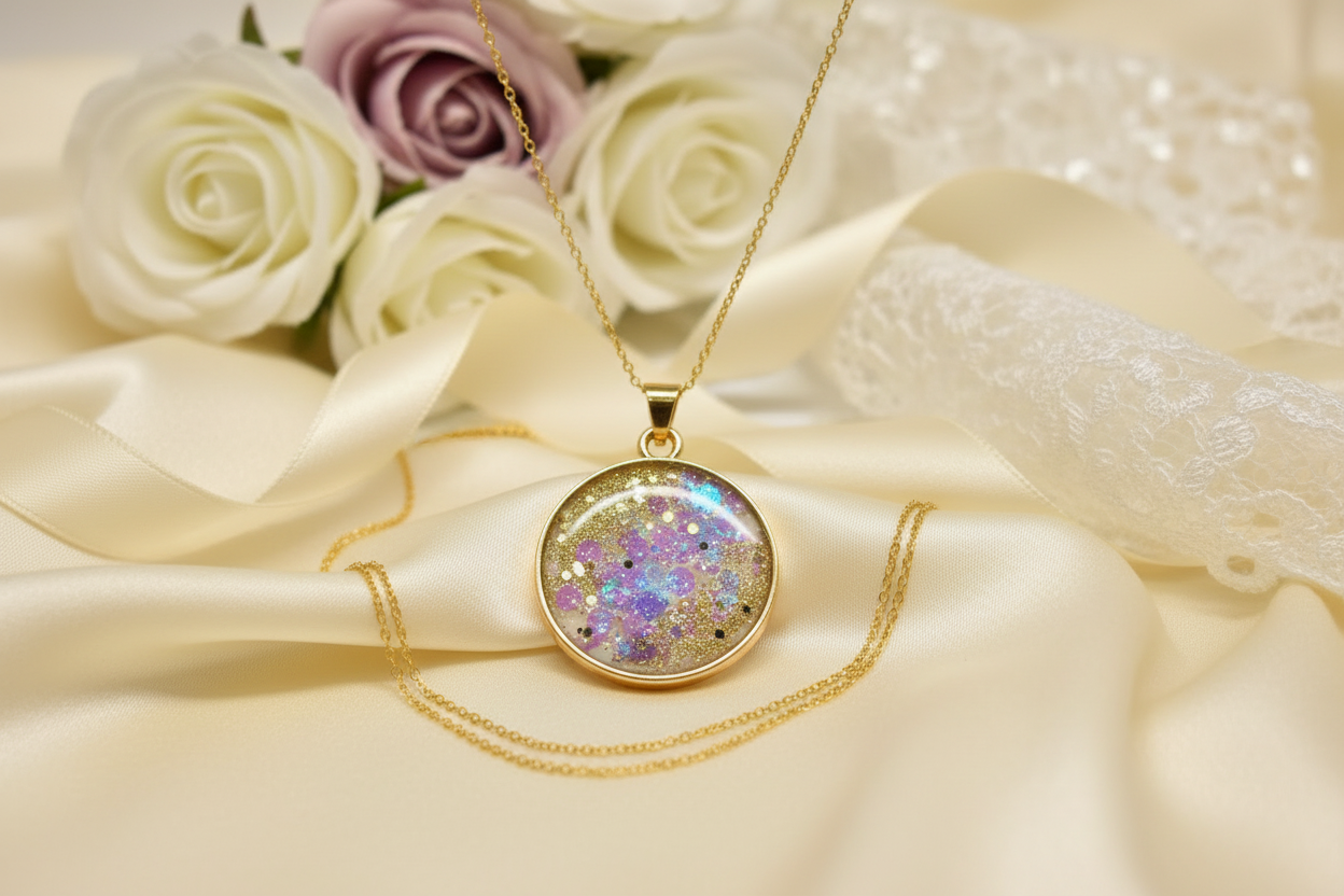 Elegant lifestyle shot of celestial pendant on silk