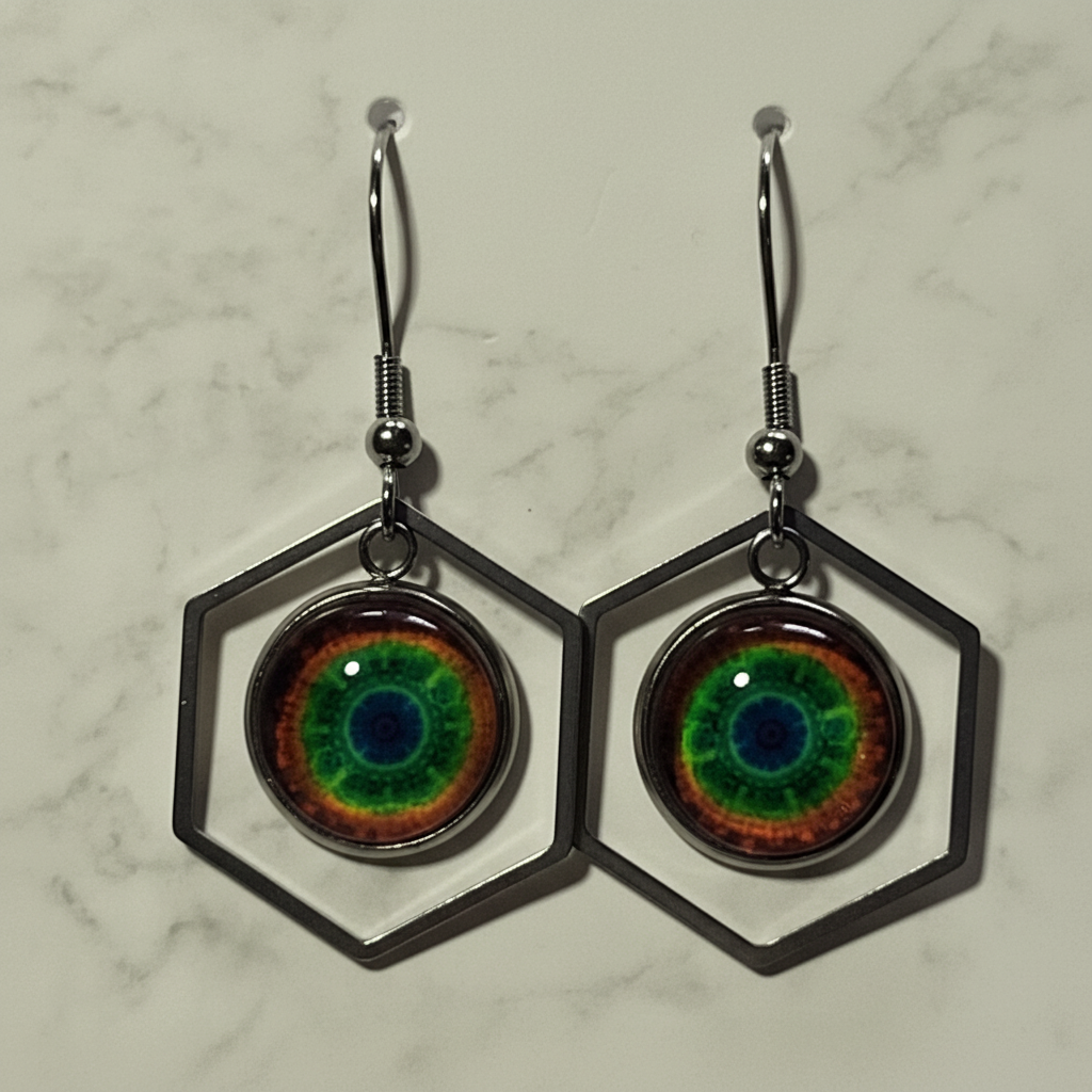 Eye Iris Hexagon Earrings - handcrafted statement earrings with realistic eye design and glass dome