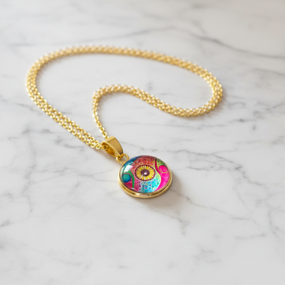 Abstract watercolor sunflower petite pendant necklace on white marble surface