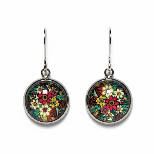 Garden Mosaic Circle Earrings - handcrafted floral mosaic statement earrings with glass dome