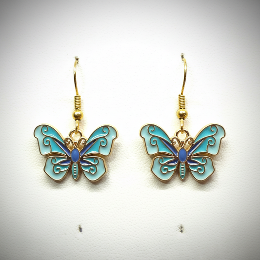 Turquoise and Blue Scroll Butterfly Earrings - elegant enamel butterfly earrings with ornate scroll patterns and gold details