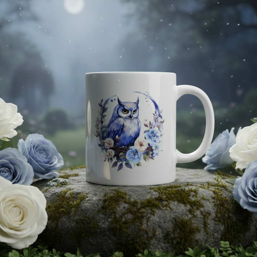 Moonlight Perch Owl Mug in Moonlit Garden