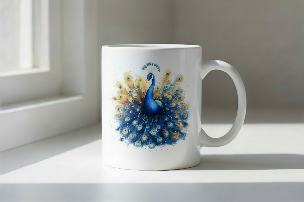 Peacock full display with golden feathers mug mockup