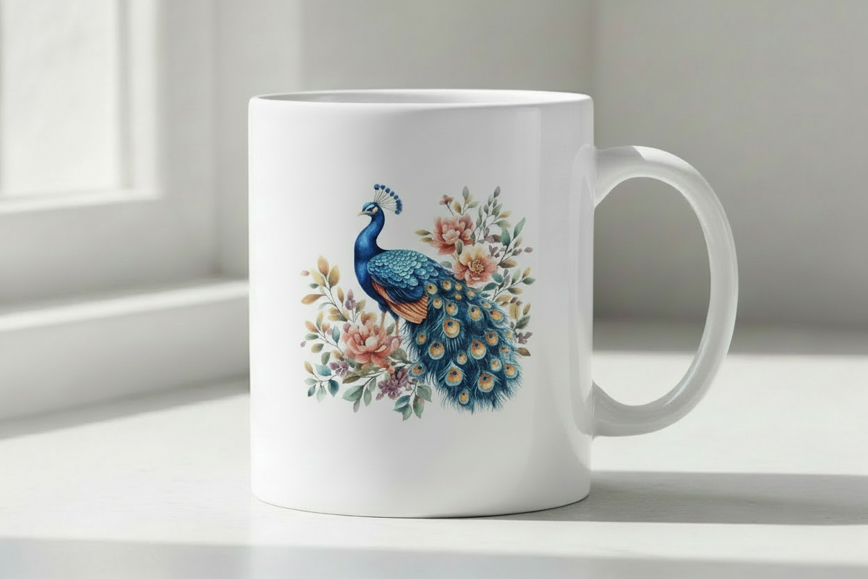 Peacock with peach florals mug mockup