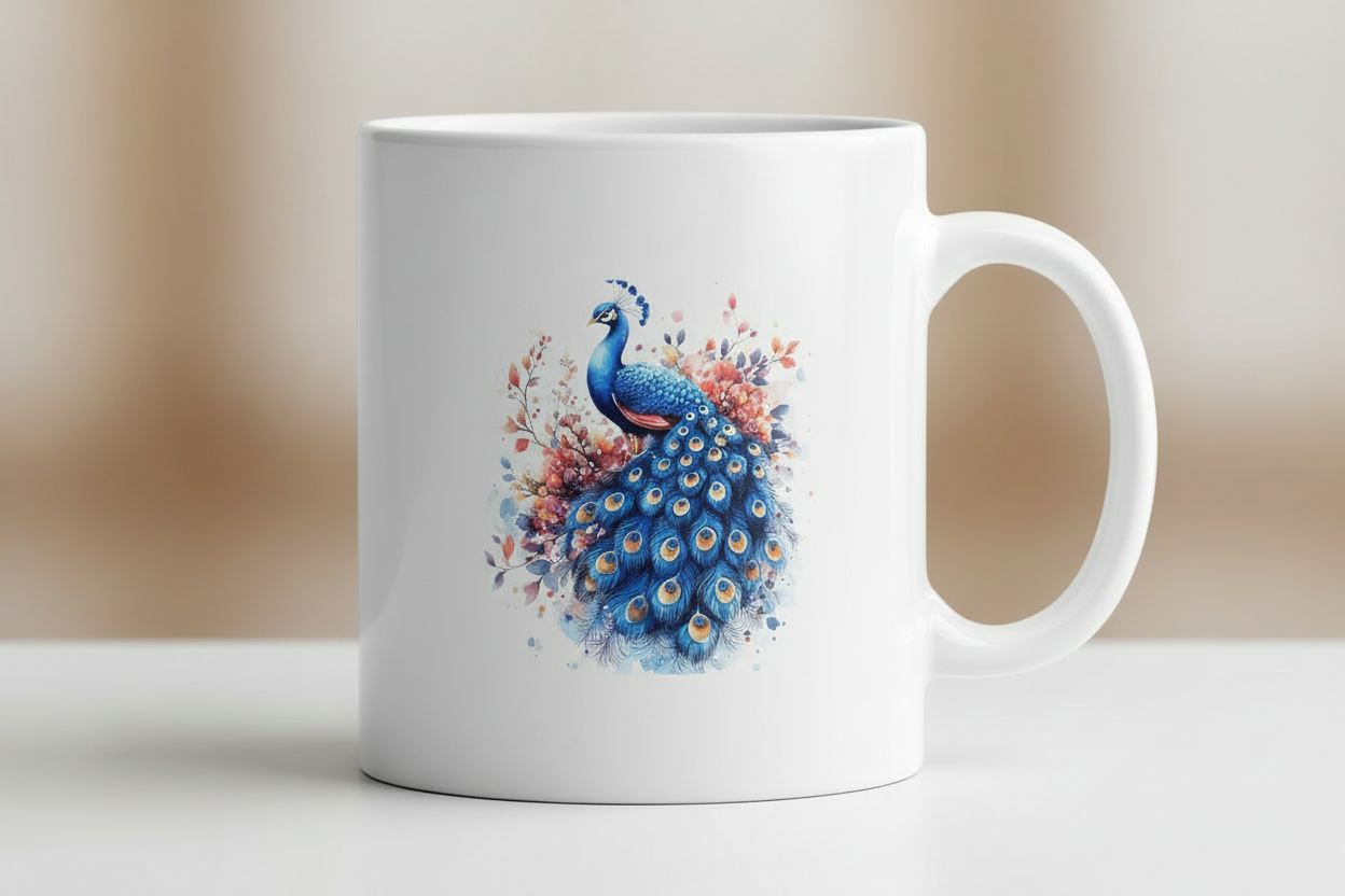 Peacock with pink florals mug mockup