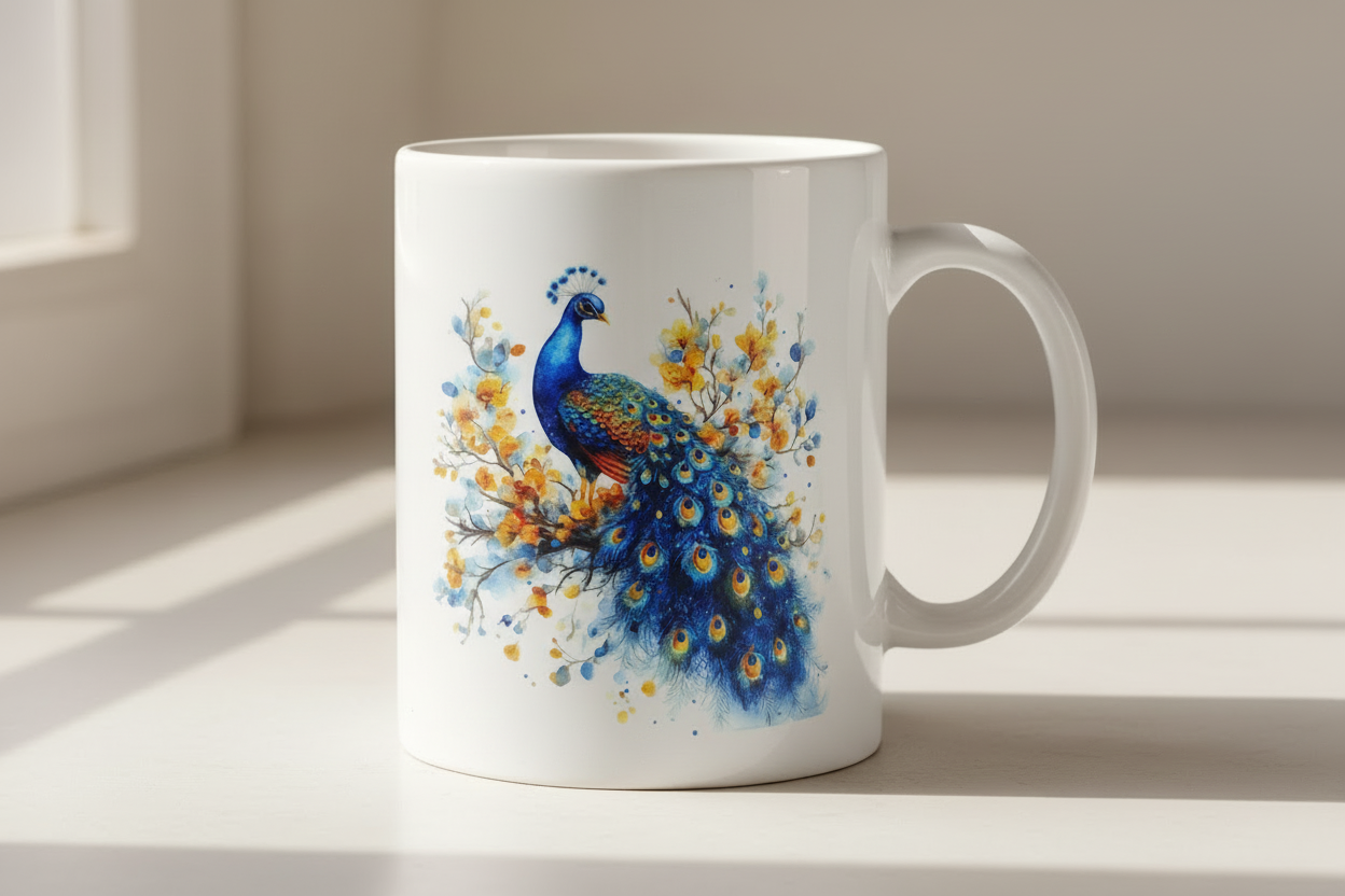 Peacock with yellow florals mug mockup