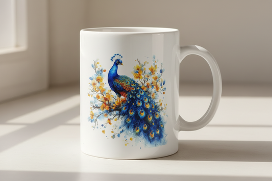 Peacock with yellow florals mug mockup
