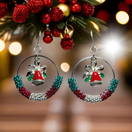 Christmas Bell Hoop Earrings - Festive Beaded Dangle Earrings