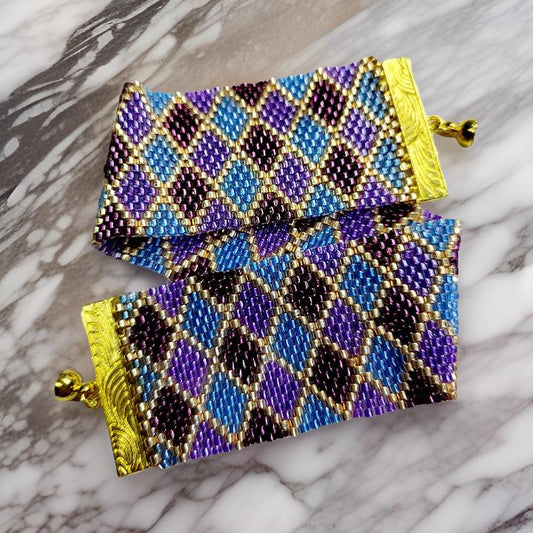 Purple Blue & Gold Harlequin Beaded Bracelet, Handmade Peyote Stitch Miyuki Delica Wide Cuff, Artisan Jewelry, Gift for Her