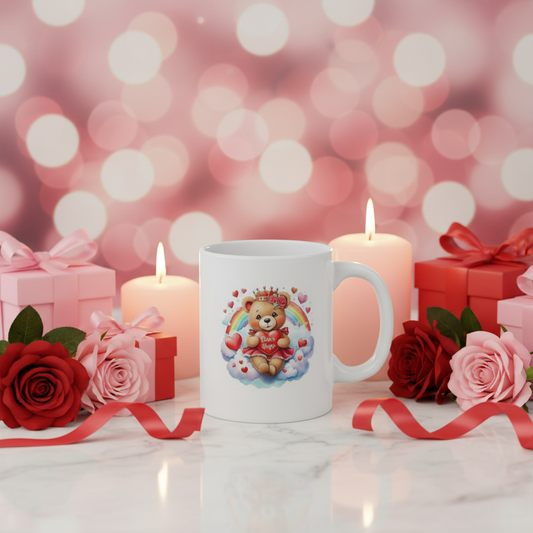 Professional Valentine's Day photo shoot with Bear Hugs rainbow mug, roses, gift boxes and candles